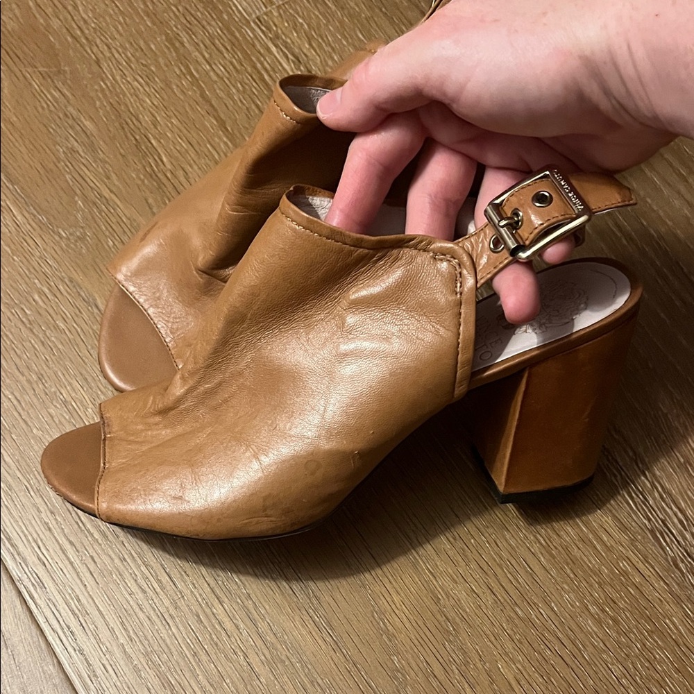 Vince Camuto Tan Leather Peep-Toe Block Heels